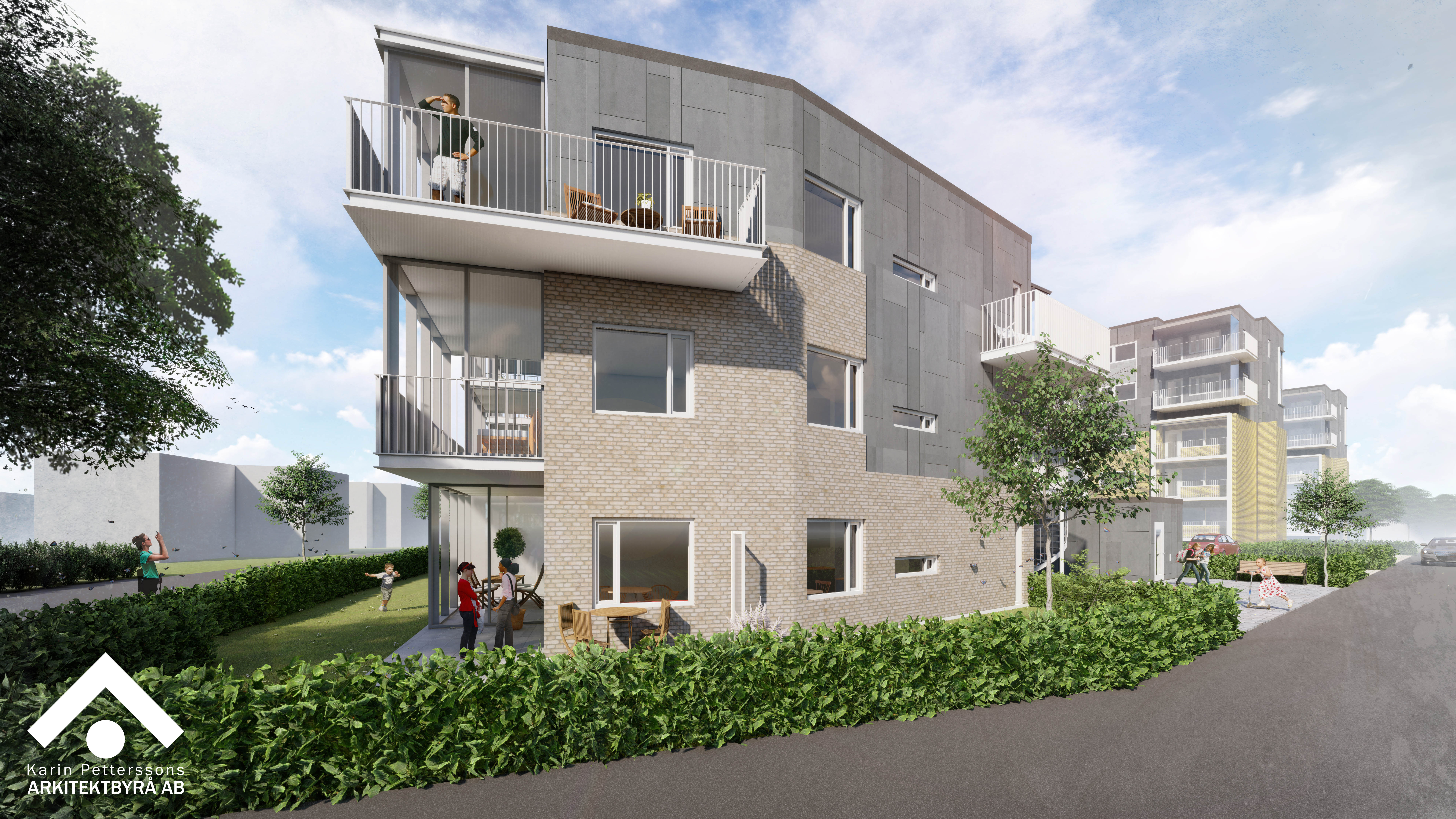 Visar lägenhet på 3:dje våning med hörnbalkong.